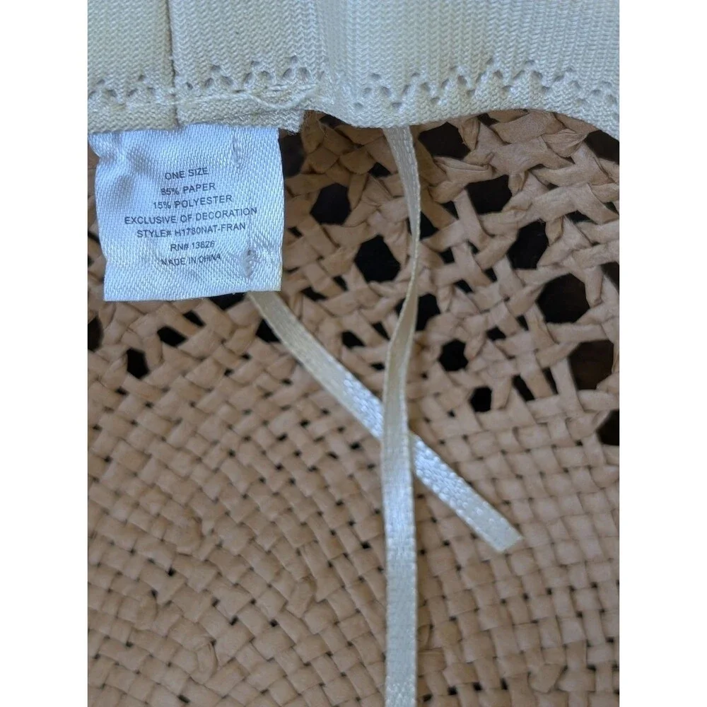 Marcus Adler Wide Brim Straw Sun Hat Open Weave Floppy Beach Boho Bow Tan OS EUC